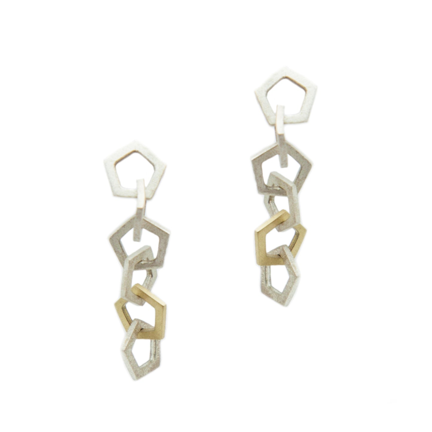 Mini pentagon drop earrings in sterling silver with one 18k yellow gold link, on 14k white gold posts. Size: 1.5" drop; Pentagons: 10mm wide Metal: Sterling Silver; 18k Yellow Gold; 14k White Gold Handmade by Meg C