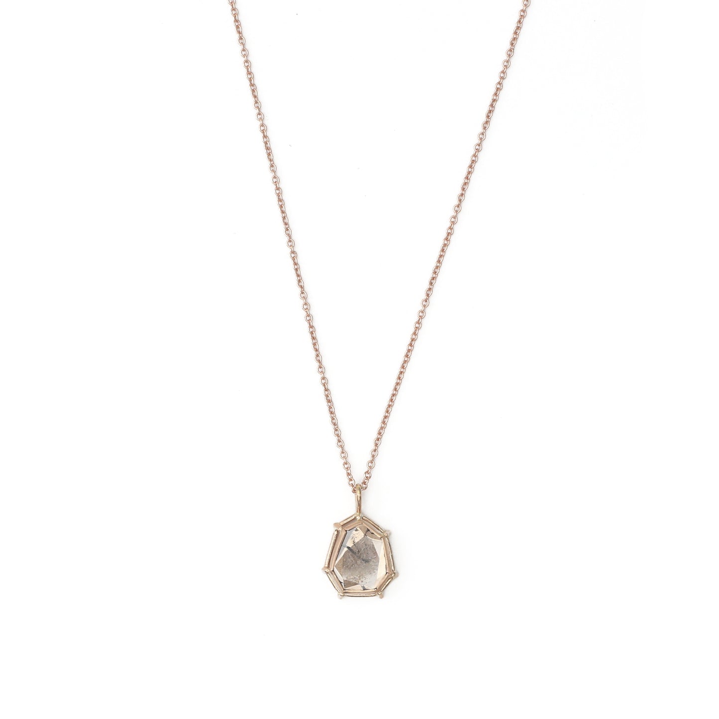 A naturally mottled 0.45ct champagne diamond slice in a signature setting, on an 18k chain with a handmade clasp. Stone: 0.45ct Champagne Diamond Metal: 18k Rose Gold Handmade by Tura Sugden