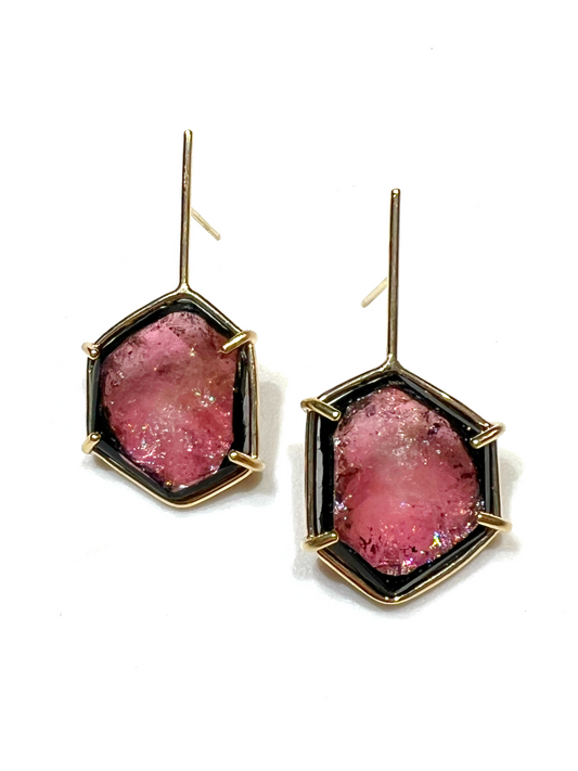 Pink & Black Tourmaline Slice Earrings