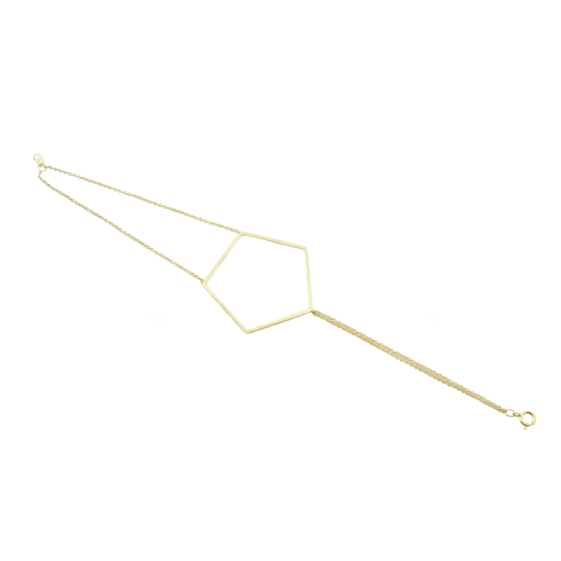 18k yellow gold pentagon bracelet on 18k yellow gold double cable chains.   Size: 7" in length; Pentagon: 1.5" wide Metal: 18k Yellow Gold Handmade by Meg C