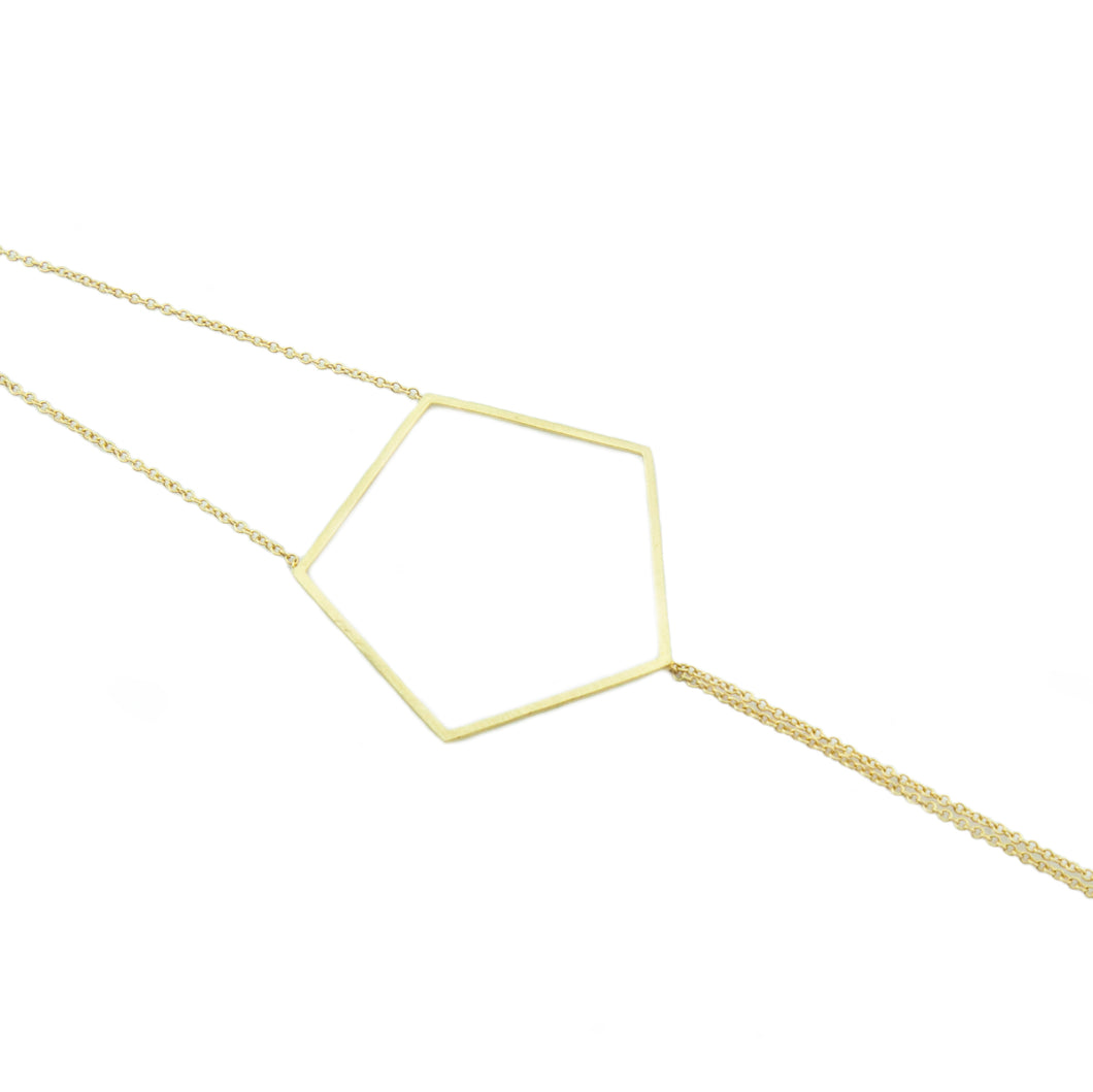 18k yellow gold pentagon bracelet on 18k yellow gold double cable chains.   Size: 7