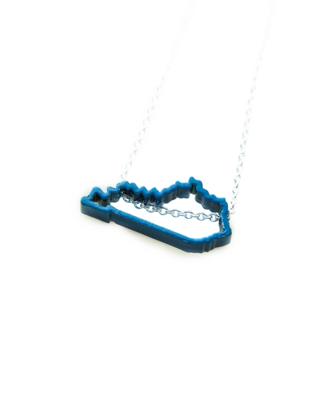 Show your Kentucky state pride with this blue, powder-coated Kentucky outline necklace! Great paired with Meg C's Blue Kentucky State Pin.  Size: 1