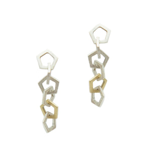 Mini pentagon drop earrings in sterling silver with one 18k yellow gold link, on 14k white gold posts.   Size: 1.5" drop; Pentagons: 10mm wide Metal: Sterling Silver; 18k Yellow Gold; 14k White Gold Handmade by Meg C