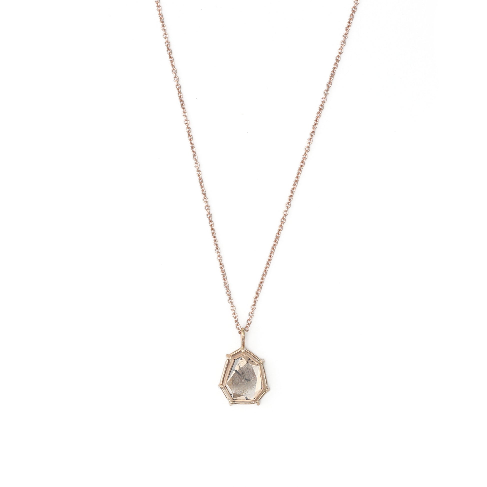 A naturally mottled 0.45ct champagne diamond slice in a signature setting, on an 18k chain with a handmade clasp.   Stone: 0.45ct Champagne Diamond Metal: 18k Rose Gold  Handmade by Tura Sugden